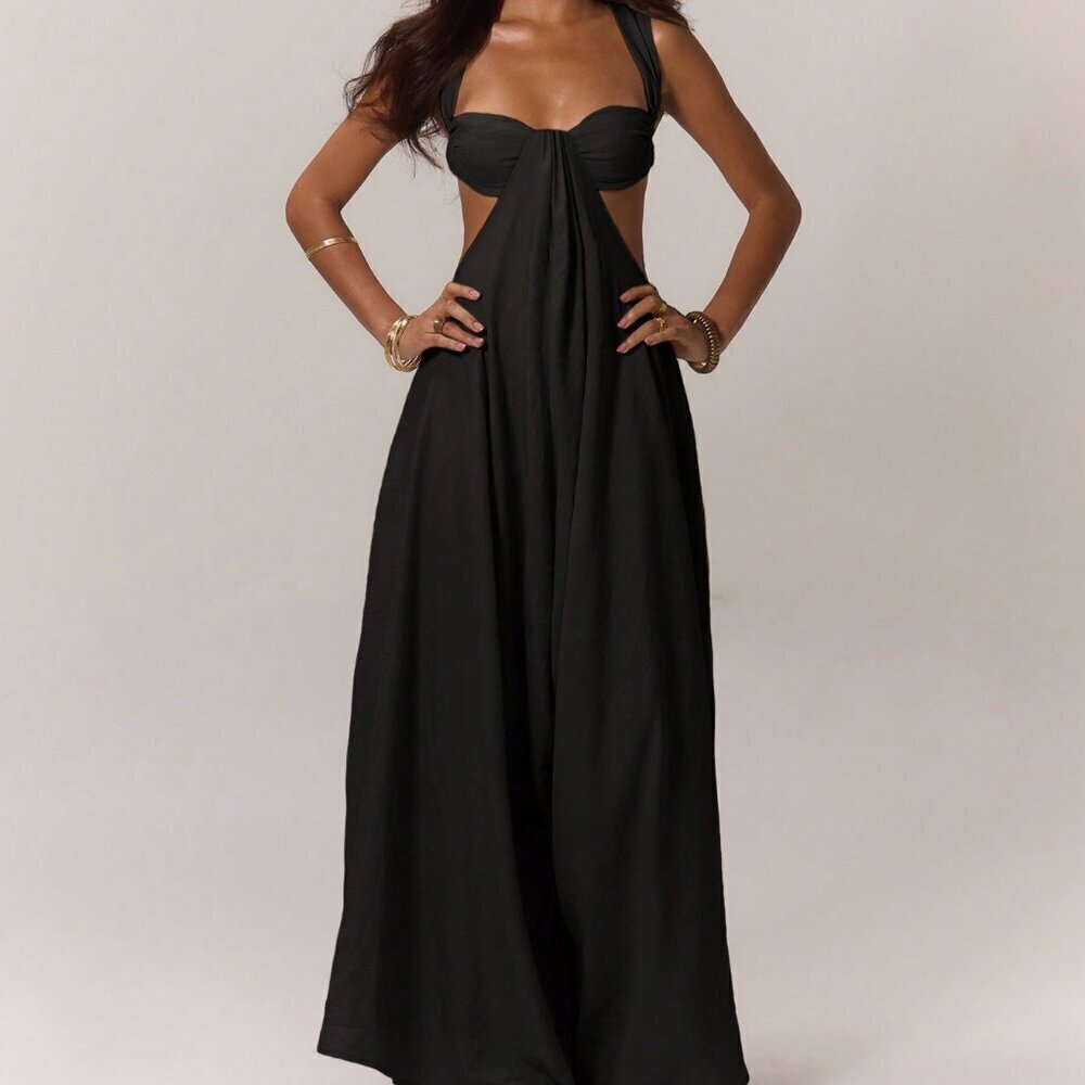 Black Sexy Women's Boho Ruched Bust Extreme Wide Leg Jumpsuit